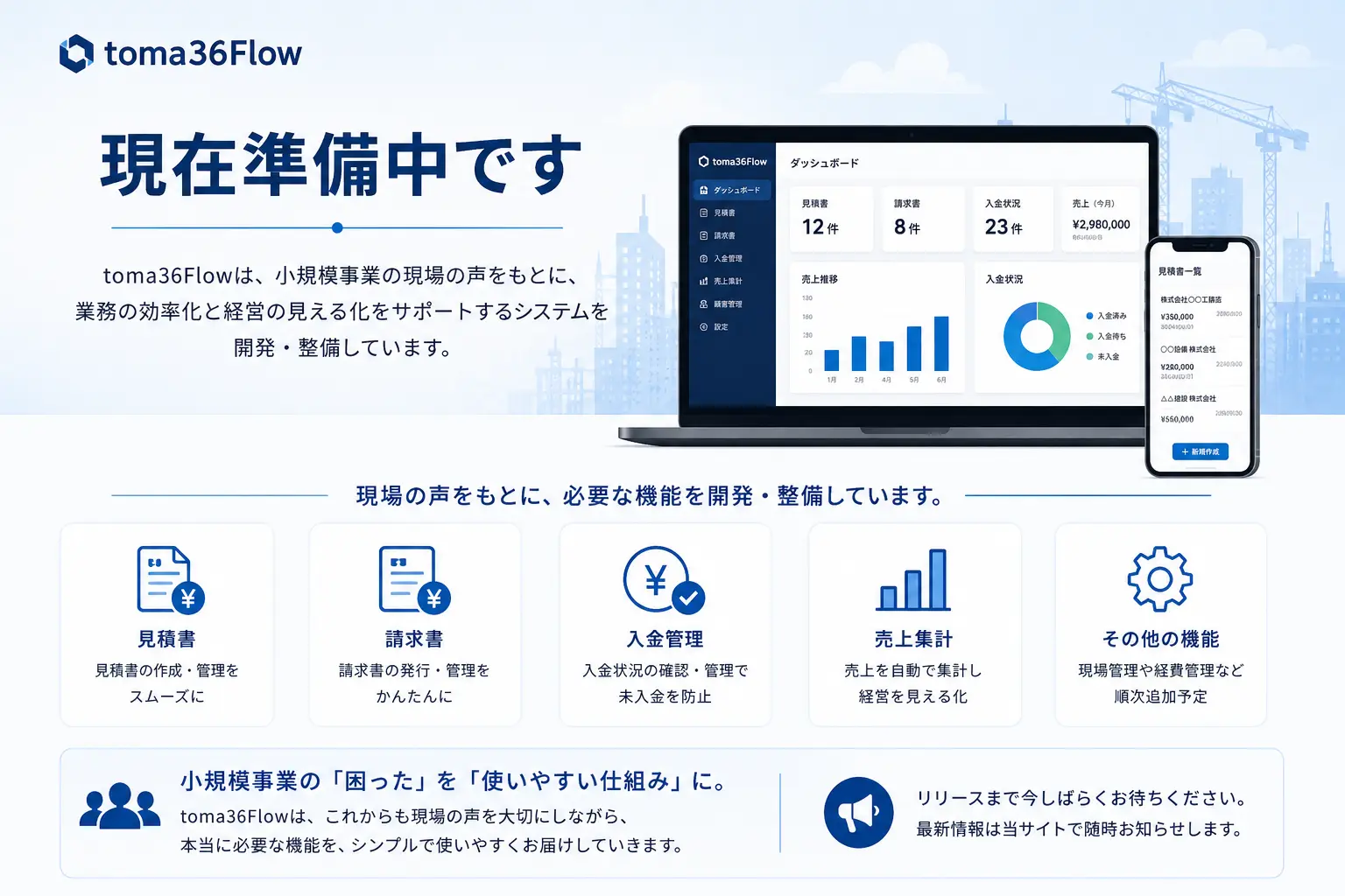 toma36Flowが現在準備中であり、小規模事業の現場の声をもとに、見積書、請求書、入金管理、売上集計などの機能を開発・整備していることを説明した案内画像
