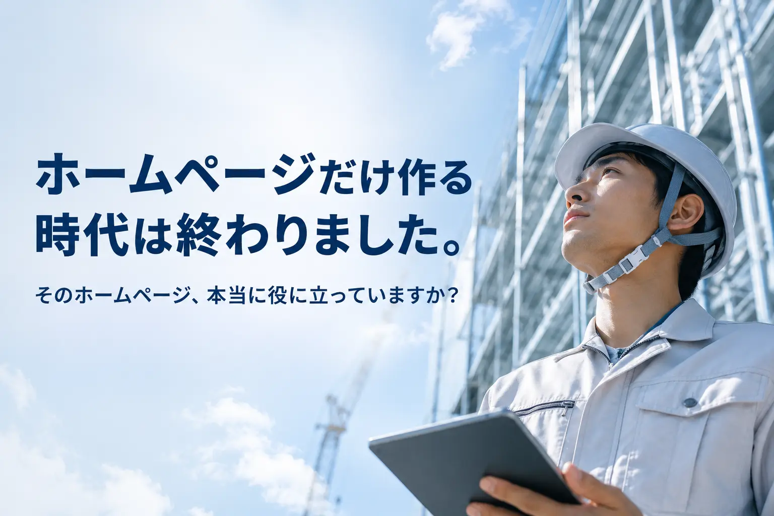 建築現場を見上げる作業員と、ホームページだけ作る時代は終わりましたという訴求画像