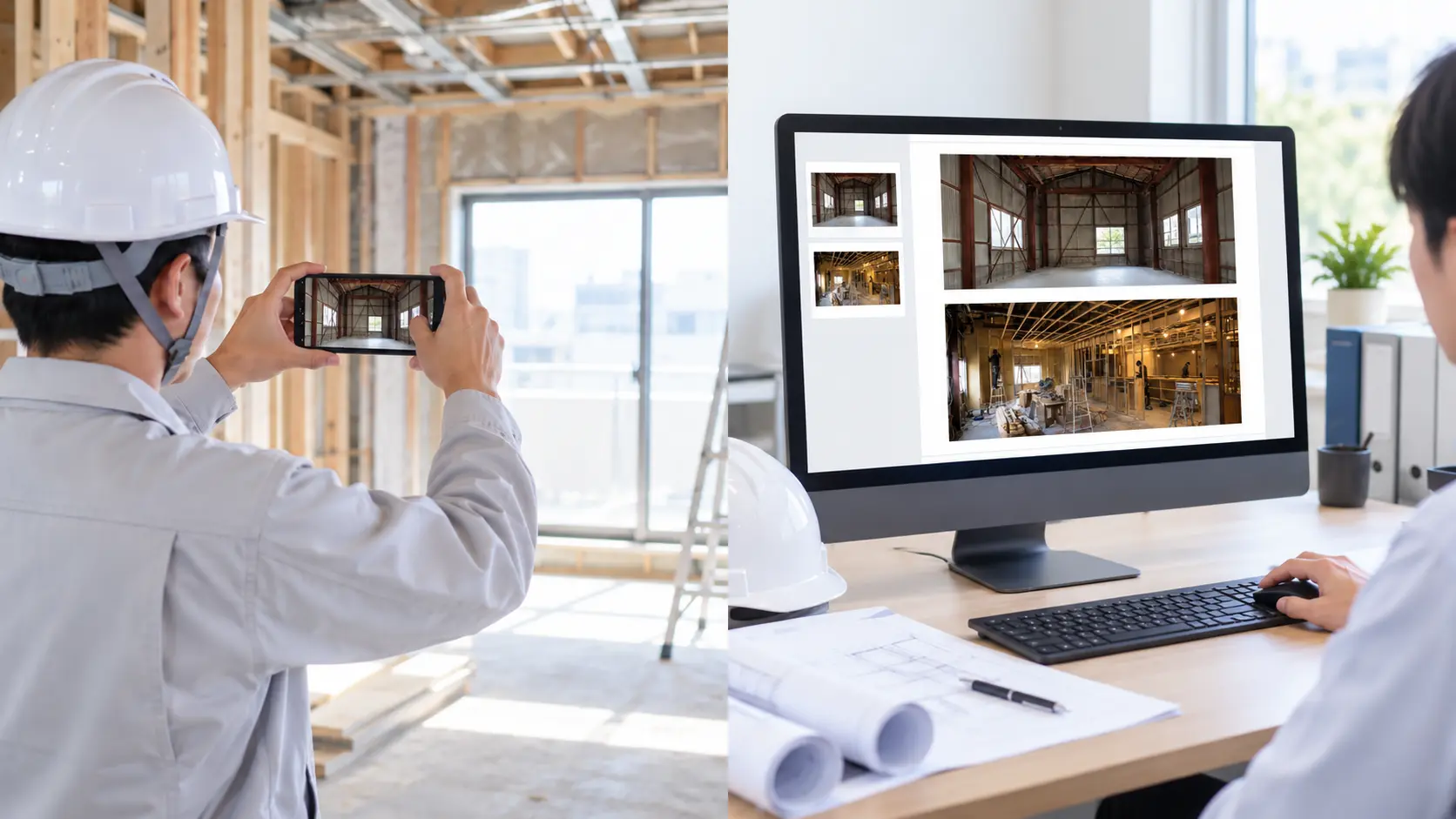 現場でスマートフォンを使って工事写真を撮影しアップロードした写真からPCで工事アルバムを作成している様子