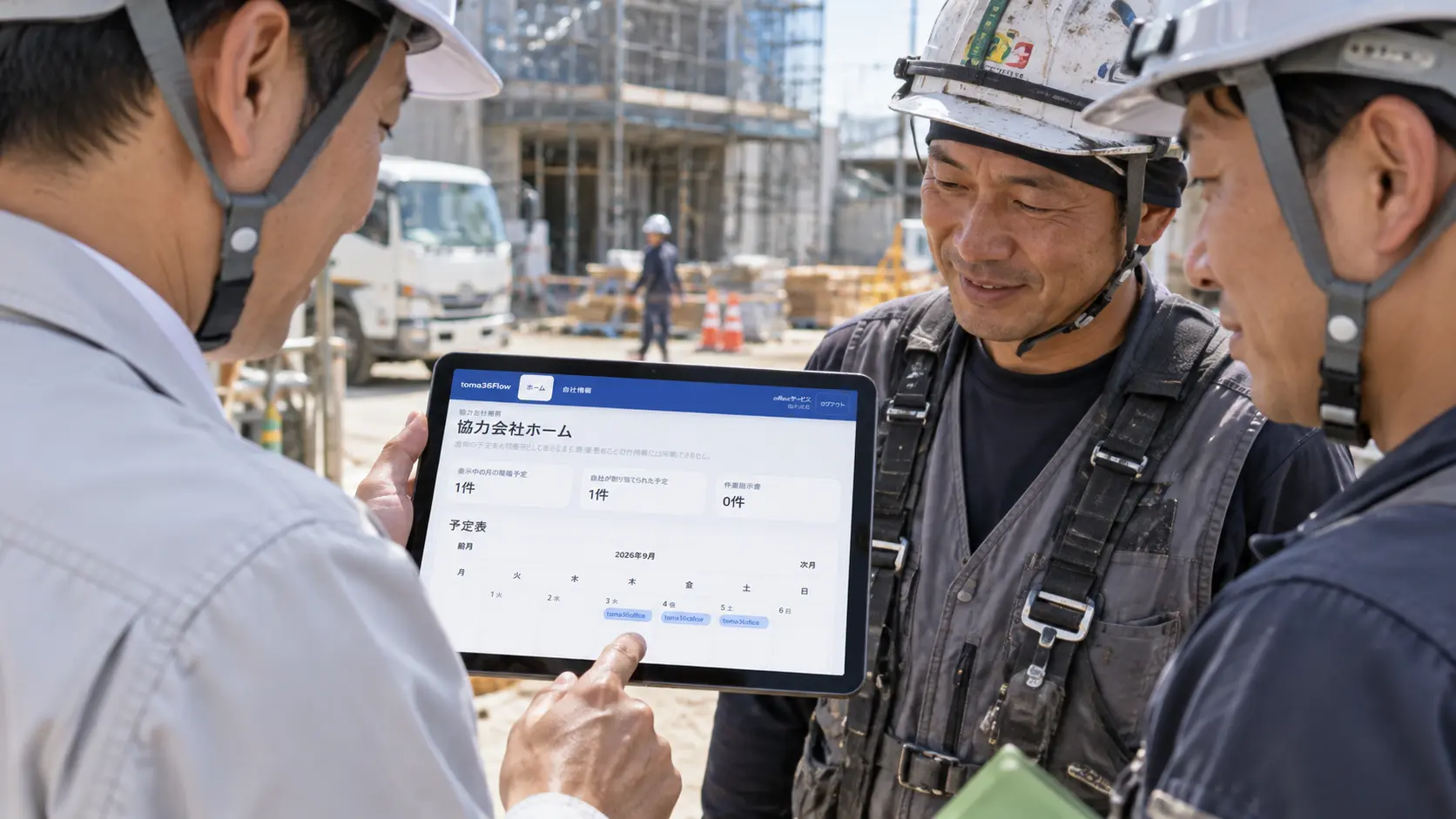 建設現場で元請会社と協力業者の作業員がtoma36Flowの協力会社専用予定表を確認しながら現場情報を共有している様子