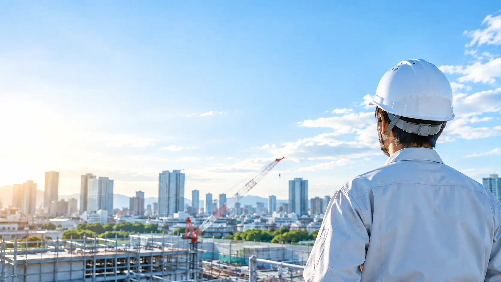 建設現場から街を見渡す作業員。明るい空の下でこれからの現場を見つめている様子